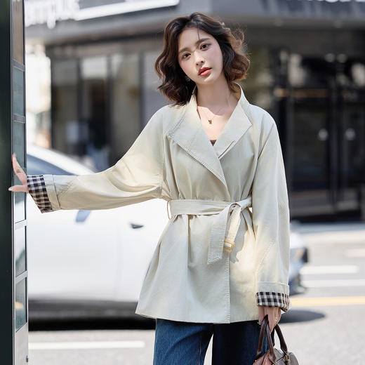 HR MEIQIN5698韩系休闲风衣外套宽松翻领格纹拼接上衣 商品图2