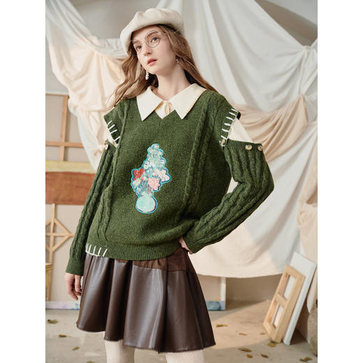 两三事梵高文艺芳野栖息2025冬季新款印花贴布绣串线可拆袖毛衣女 商品图1