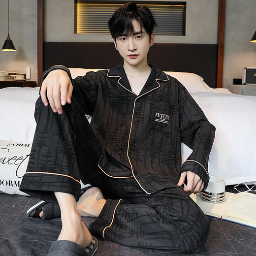 开衫翻领睡衣男士春秋季新款棉质大码宽松长袖青年冬季家居服套装 商品图1