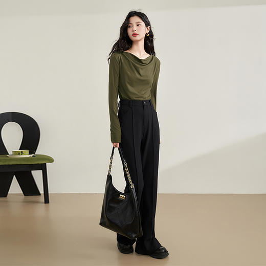 高级感气质针织长袖T恤女春季新款抽褶收腰百搭打底衫V0240061 商品图1