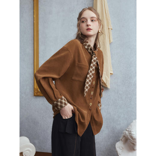 两三事梵高文艺 蜜糖荆棘 2025冬季新款格子领带刺绣长袖衬衫女 商品图1