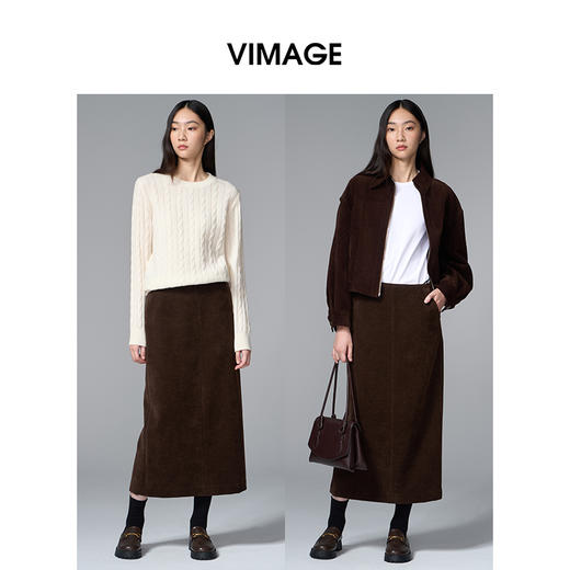 VIMAGE纬漫纪灯芯绒复古百搭直筒长款开叉半身裙女2025秋季新款V2406114 商品图1