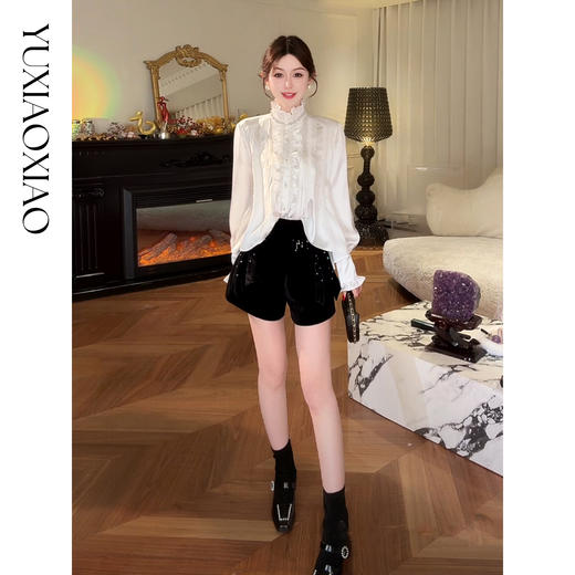 余潇潇【月光巴洛克】法式宫廷风高级缎面精致花边木耳边长袖衬衫 商品图4