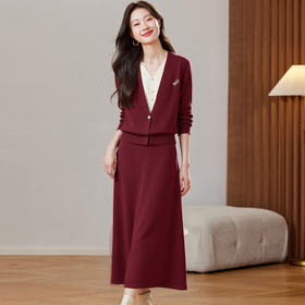 XFY-3151连衣裙高级感拼色针织开衫女套装裙2025春秋新款时尚半身裙两件套