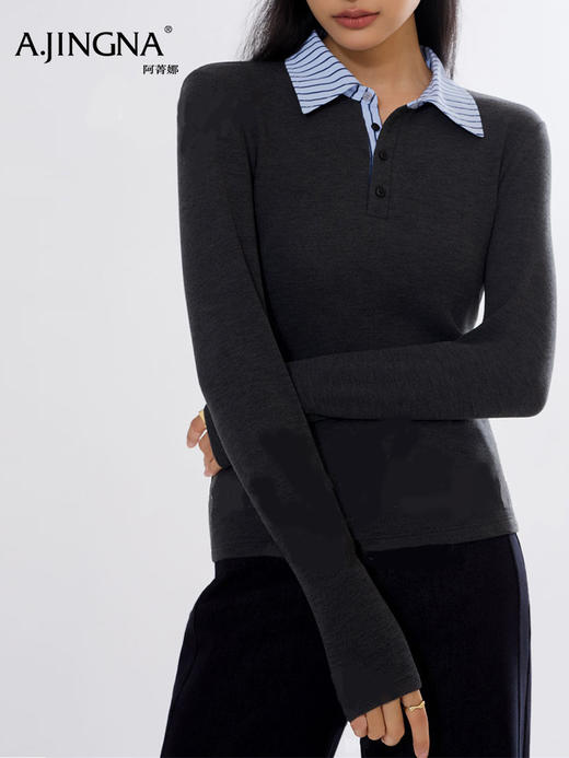 【假两件POLO】阿菁娜秋季新款慵懒风假两件POLO衫立体剪廓形一衣多穿柔糯亲肤保暖F30D302002 商品图0