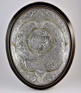 独角鹿西洋古董 1860-1870年代法国工匠Léonard Morel-Ladeuil设计英国名坊Elkington出品《失乐园》主题米尔顿之盾