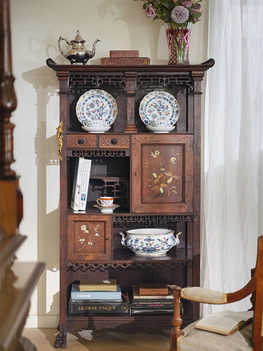 独角鹿西洋古董 1890年代法国出品Viardot东方风格蟠龙造型铜鎏金装饰花鸟镶嵌多宝阁 商品图1