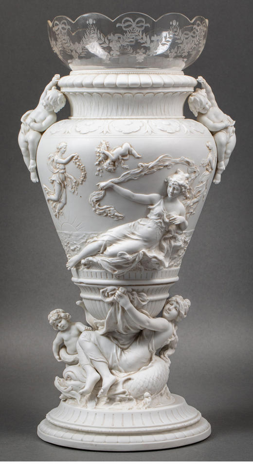 【已售】独角鹿西洋古董 19世纪法国出品古希腊神话主题「命运三女神」素胎瓷嵌水晶花瓶一对 商品图2