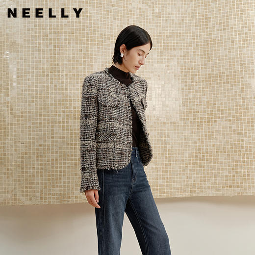 NEELLY纳俪商场同款冬季新款粗花呢圆领小香风外套女复古通勤上衣N25102C01038 商品图0