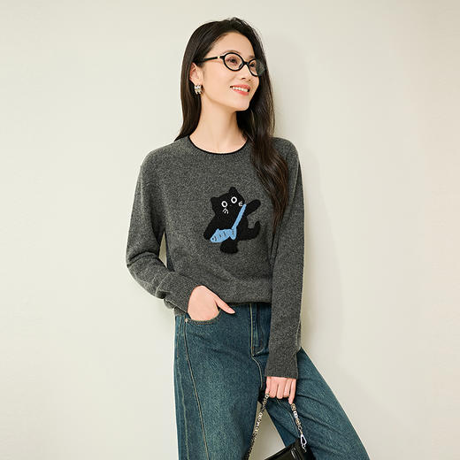 NEELLY纳俪商场同款冬季新款百搭减龄针织衫女设计感小猫印花上衣N25104A04512 商品图2