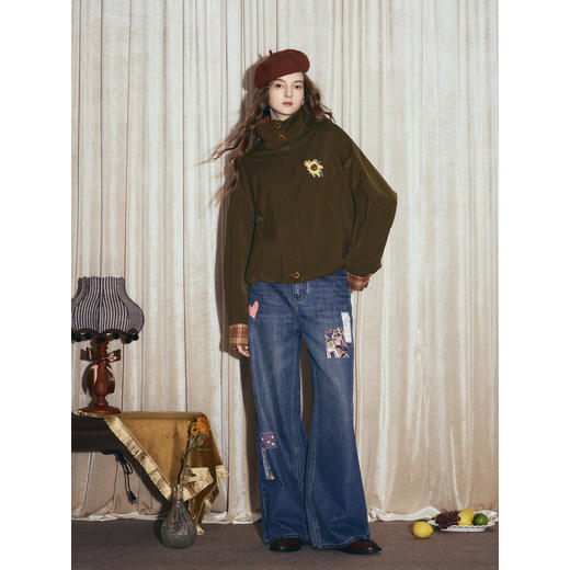 两三事梵高文艺格纹可可2025秋冬新款向日葵刺绣两面穿格子外套女 商品图1