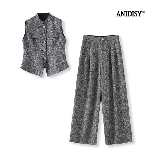 时尚立领单排扣收腰马甲+高腰拉链长裤套装 商品图4