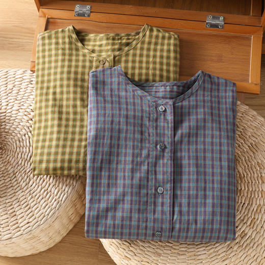 B098-8102025休闲简约复古格纹圆领衬衫秋季新款文艺格子长袖外套女装 商品图3