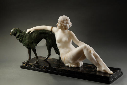 独角鹿西洋古董1920年代意大利雕塑家Alberto Saccardi签名创作装饰艺术风格大理石底座装饰青铜及雪花石膏雕塑作品《少女与猎犬》 商品图1
