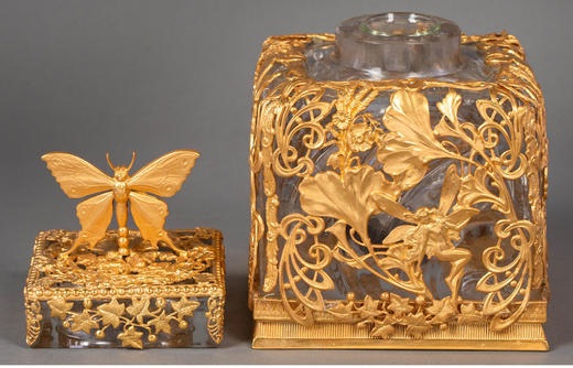 独角鹿西洋古董 19世纪末20世纪初法国出品新艺术风格仙子与花蝶植物主题铜鎏金精雕水晶墨水瓶 商品图3