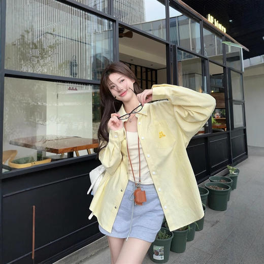 小清新衬衫新款秋季外套小狗刺绣条纹防晒衬衫外套女春季新款衬衣内搭外穿薄外套早春季韩系休闲内搭韩系衬衣 商品图0
