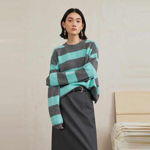 NEELLY纳俪商场同款冬季新款100%绵羊毛撞色条纹针织衫女套头毛衣N25104A04429 商品图1