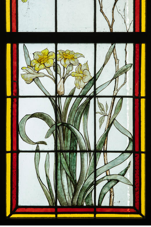 独角鹿西洋古董 19世纪末20世纪初法国新艺术时期出品雀鸟繁花主题彩绘玻璃花窗一组四件 商品图5