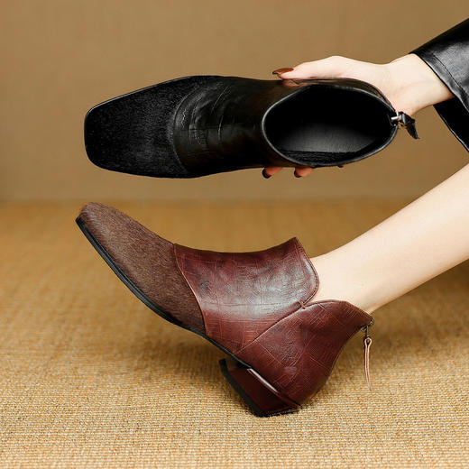 【预售5天】复古时尚马毛拼接短筒西部马丁靴，真皮方头通勤粗跟短靴NJMK&K1777 商品图0