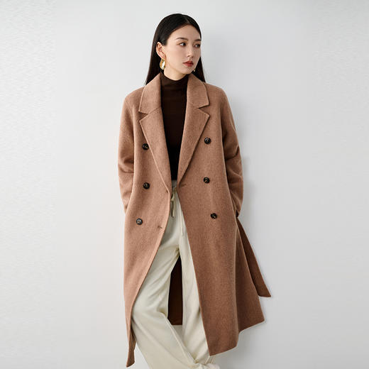 NEELLY纳俪商场同款冬季新款绵羊毛长款双面呢大衣女驼色通勤外套N25104N04591 商品图3