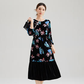 SM 1371桑蚕丝印花拼接连衣裙休闲新中式真丝裙