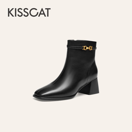 【云粉节】BF楼KISSCAT接吻猫25冬新老钱质感时装靴方头黑色高跟靴粗跟短靴女KA65788-10吊牌价1599活动价899 商品图0