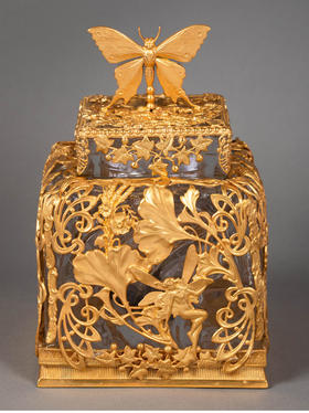 独角鹿西洋古董 19世纪末20世纪初法国出品新艺术风格仙子与花蝶植物主题铜鎏金精雕水晶墨水瓶