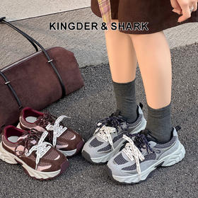 经典鲨2025秋专柜新款猪皮革潮流拼色网面透气休闲老爹鞋女KW160-537281