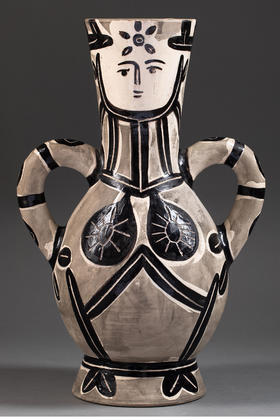 独角鹿西洋古董 1952年代西班牙艺术家与法国工坊合作出品限量人面双耳执壶