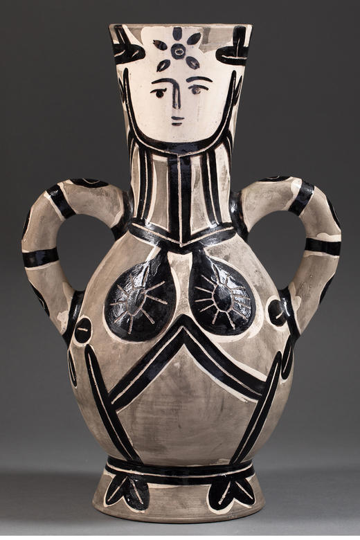 独角鹿西洋古董 1952年代西班牙艺术家与法国工坊合作出品限量人面双耳执壶 商品图0