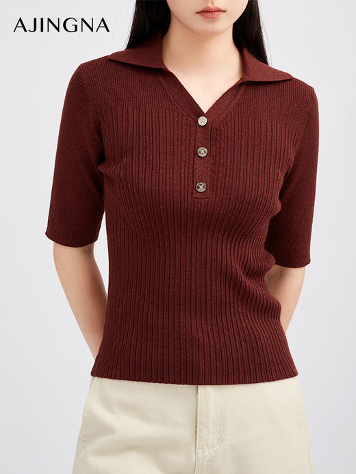 【商场同款】阿菁娜秋季新款挖空V领POLO衫夹金丝坑条针织衫金属扣修身显瘦A30Q301002 商品图4