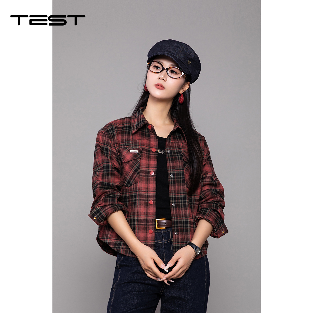 冬上新复古美式酷飒感红黑格纹工装风衬衫女1254007