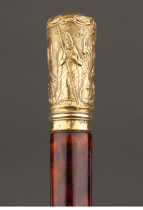 独角鹿西洋古董 1880-1910年代英国维多利亚时代出品黄金精雕古典人物镶嵌珍稀材质杖柄绅士手杖