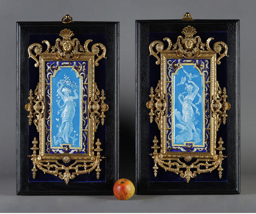 独角鹿西洋古董 19世纪末法国出品新古典主义风格铜鎏金镶嵌珐琅彩绘古典女子浮雕装饰挂画一对 商品图1