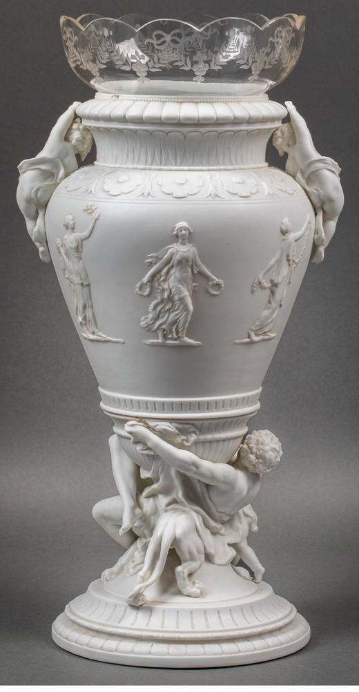 【已售】独角鹿西洋古董 19世纪法国出品古希腊神话主题「命运三女神」素胎瓷嵌水晶花瓶一对 商品图4