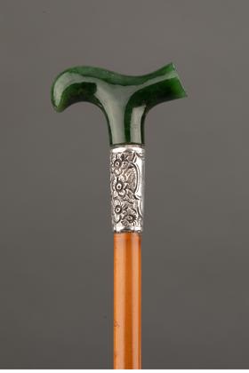 独角鹿西洋古董 1880-1910年代英国维多利亚时代出品纯银雕刻镶嵌软玉杖柄硬木绅士手杖