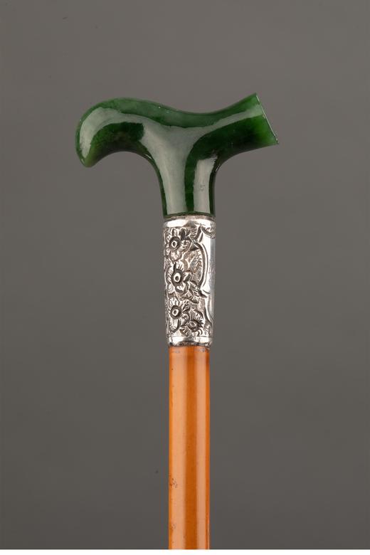 独角鹿西洋古董 1880-1910年代英国维多利亚时代出品纯银雕刻镶嵌软玉杖柄硬木绅士手杖 商品图0