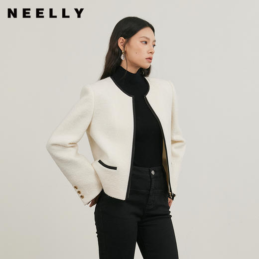 NEELLY纳俪商场同款冬季新款经典黑白撞色毛呢外套女正肩显瘦上衣N25104C04509 商品图0