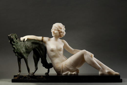独角鹿西洋古董1920年代意大利雕塑家Alberto Saccardi签名创作装饰艺术风格大理石底座装饰青铜及雪花石膏雕塑作品《少女与猎犬》 商品图0