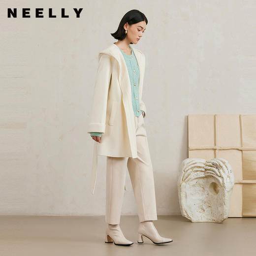 NEELLY纳俪商场同款冬季新款法式绵羊毛双面毛呢外套女连帽大衣N25104N04402 商品图0
