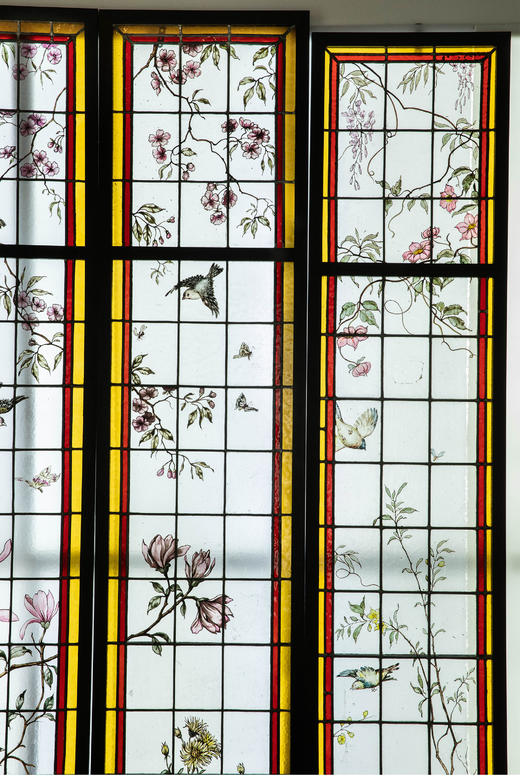 独角鹿西洋古董 19世纪末20世纪初法国新艺术时期出品雀鸟繁花主题彩绘玻璃花窗一组四件 商品图1