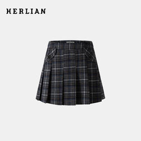 Herlian 25秋冬新品复古英伦口袋装饰格子百褶裙女士