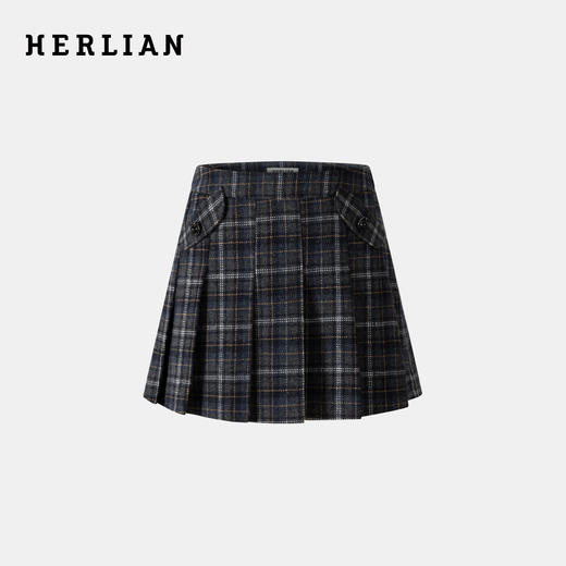 Herlian 25秋冬新品复古英伦口袋装饰格子百褶裙女士 商品图0