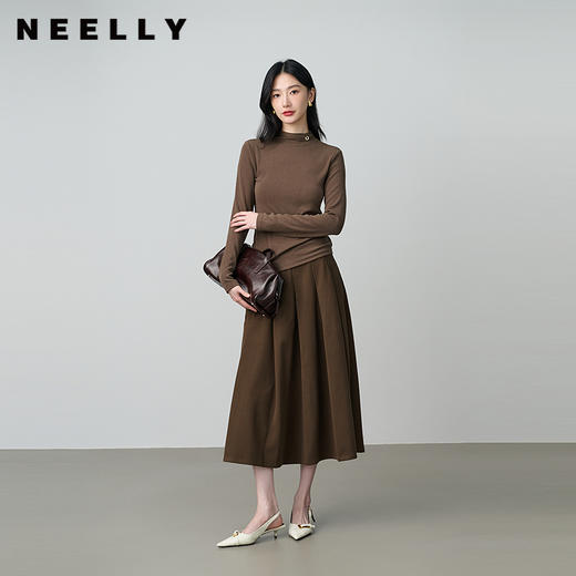 NEELLY纳俪秋新款商场同款复古百搭A字半身裙女显白收腰百褶长裙N25104E05502 商品图0