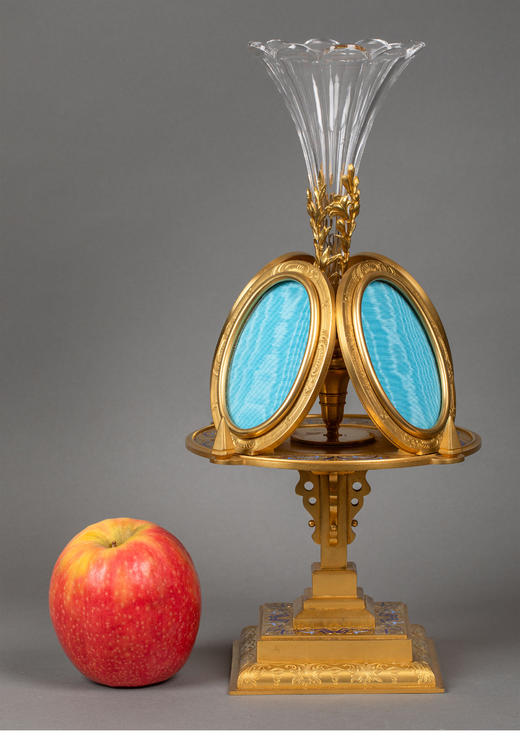 独角鹿西洋古董 19世纪末法国出品铜鎏金镶嵌珐琅彩绘装饰蓝色相框花瓶 商品图1