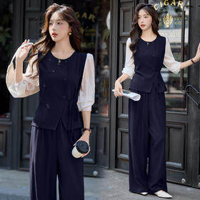 HR MEIQIN0812设计感气质撞色拼接套装系带收腰显瘦阔腿裤两件套