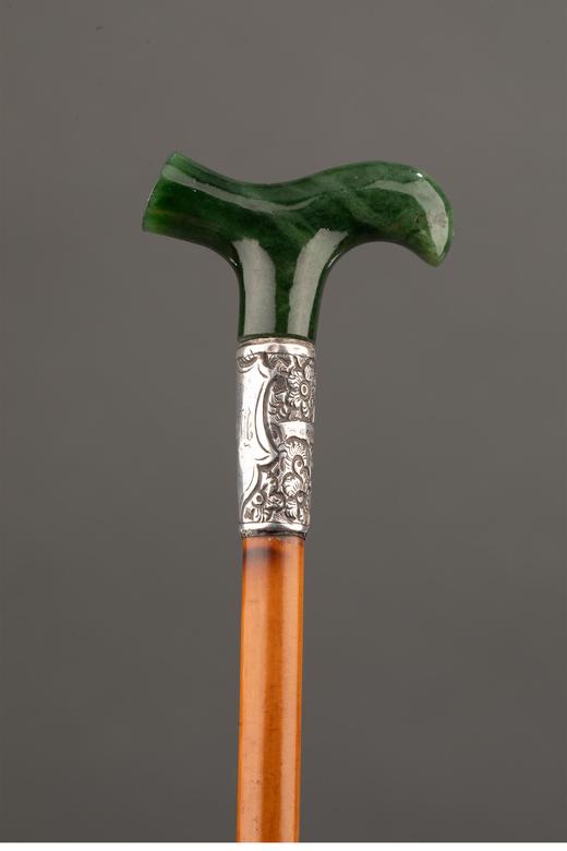 独角鹿西洋古董 1880-1910年代英国维多利亚时代出品纯银雕刻镶嵌软玉杖柄硬木绅士手杖 商品图3