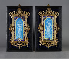 独角鹿西洋古董 19世纪末法国出品新古典主义风格铜鎏金镶嵌珐琅彩绘古典女子浮雕装饰挂画一对