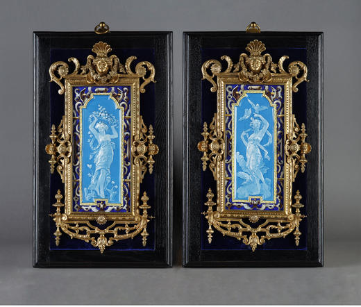 独角鹿西洋古董 19世纪末法国出品新古典主义风格铜鎏金镶嵌珐琅彩绘古典女子浮雕装饰挂画一对 商品图0