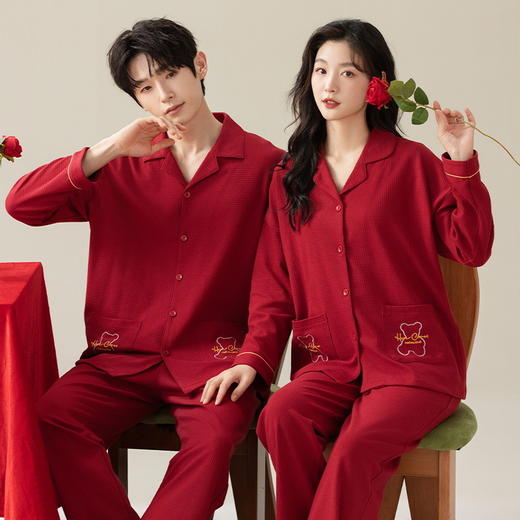 红色本命年睡衣情侣睡衣红色翻领开衫长袖韩版女士大码男士华夫格家居服可外穿秋季家居服 商品图0